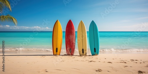 Colorful surfboards lean on a tropical beach, silent sentinels of the surf.