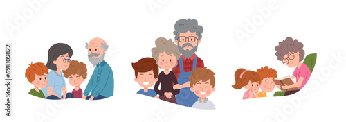 Set of grandparents spending time with children flat style, vector illustration