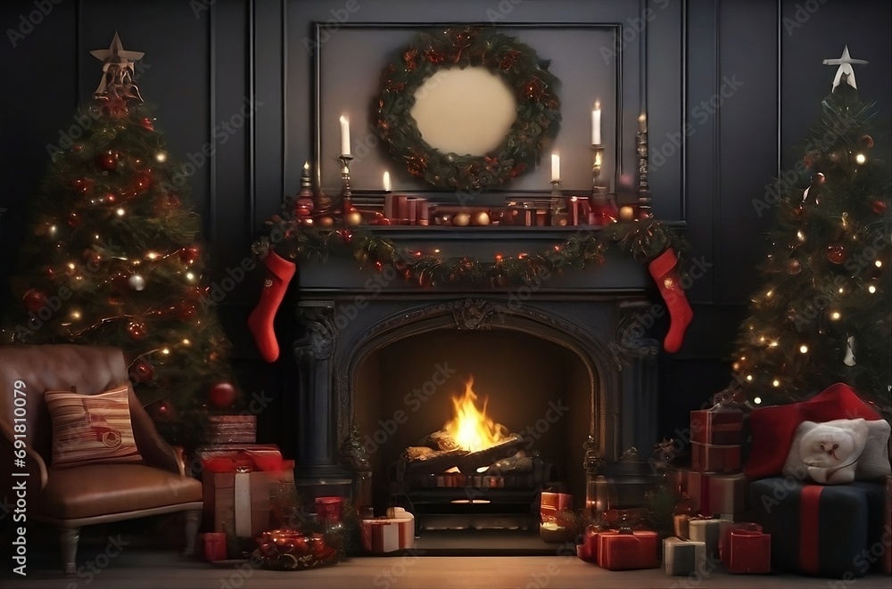 A festive fireplace that features a crackling fire, Christmas stockings, and garland decor AI Generated A festive fireplace that features a crackling fire, Christmas stockings, and garland decor AI Generated