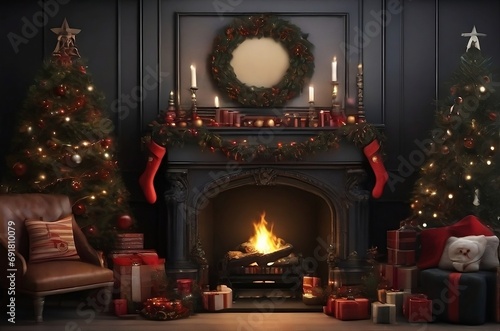 A festive fireplace that features a crackling fire, Christmas stockings, and garland decor AI Generated
