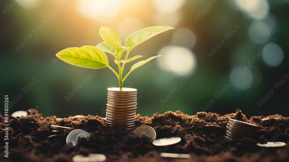 Concept of business growth,profit, development and success. Young plants increase on sunny background.Growing money,finance and investment. Generative Ai. - obrazy, fototapety, plakaty 