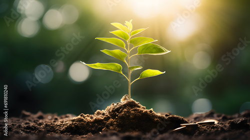 Concept of business growth,profit, development and success. Young plants increase on sunny background.Growing money,finance and investment. Generative Ai.