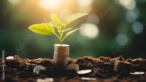 Concept of business growth,profit, development and success. Young plants increase on sunny background.Growing money,finance and investment. Generative Ai. photo