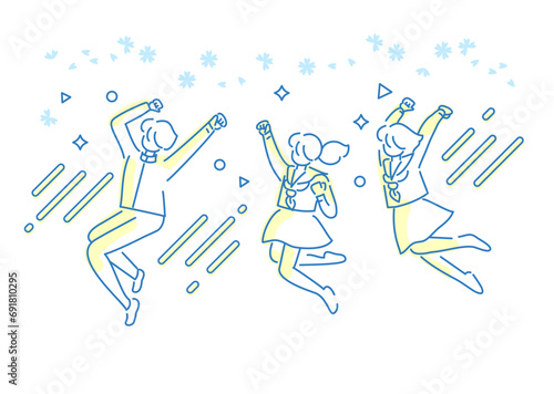 イラスト素材: ベクターイラスト素材：ジャンプして喜ぶ学生・男女・制服姿_桜
