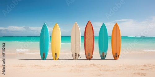 Colorful surfboards lean on a tropical beach, silent sentinels of the surf. © Omtuanmuda