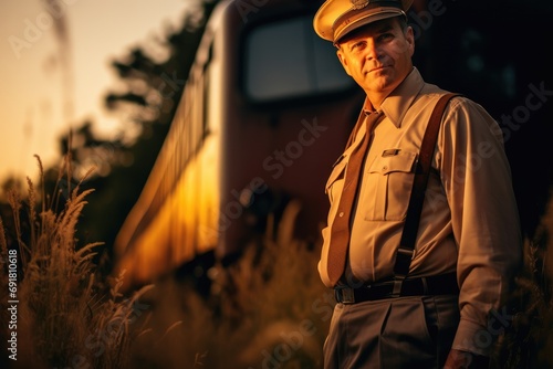 A man in uniform standing in front of a train. Generative AI.