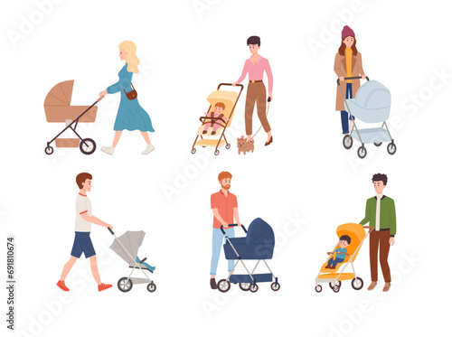 Set of people pushing baby stroller, flat vector illustration isolated on white background.