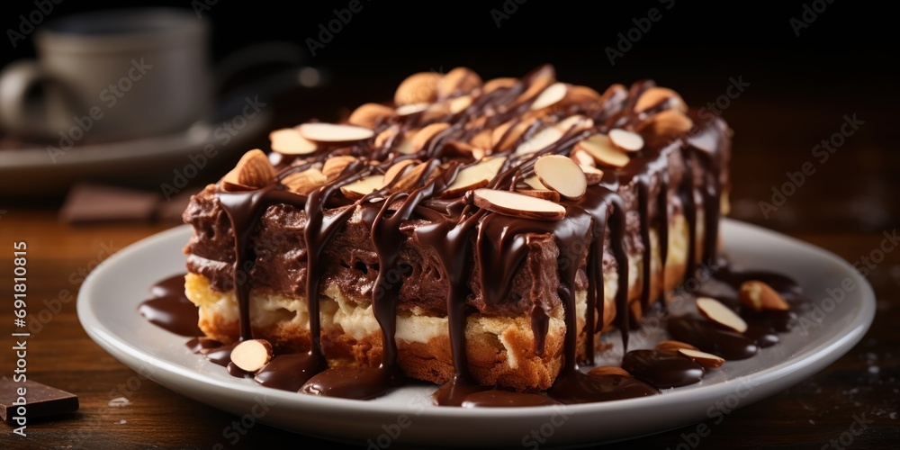 Decadent chocolate cascades over a pastry topped with crunchy almonds.
