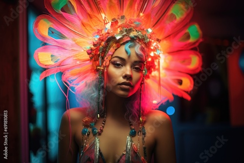 A woman wearing a colorful headdress in a dark room. Generative AI.