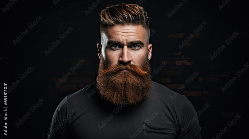 Close up of a Caucasian young man with thick ginger beard. Isolated black background Close up of a Caucasian young man with thick ginger beard. Isolated black background
