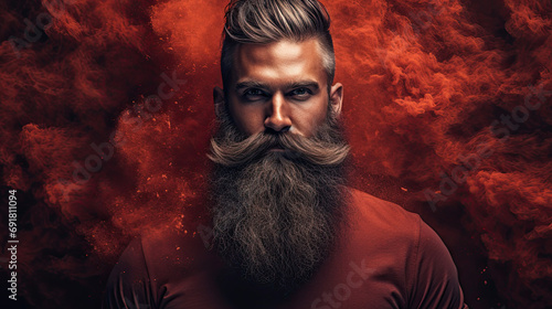 Portrait of a man with a huge mustache and a beard. Abstract background