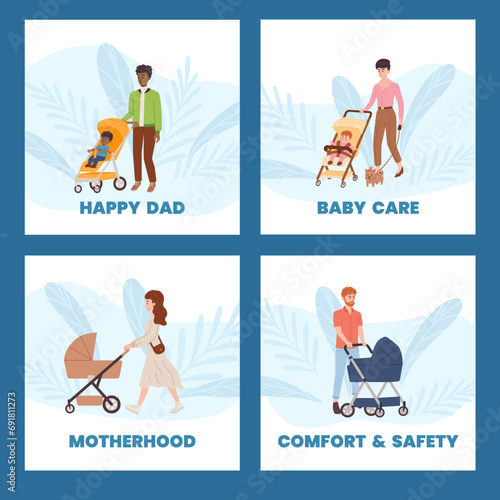 Parenthood posters set with people pushing baby strollers, flat vector illustration.