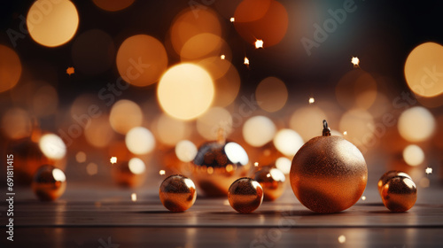 Graphic Background of Sparkling Golden Christmas Baubles on Wooden Table with Festive Lights, evoking the cozy ambiance of the holiday season