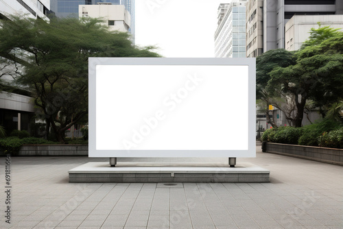 Horizontal white banner mockup with empty space for advertising on an alley in a business center of the city