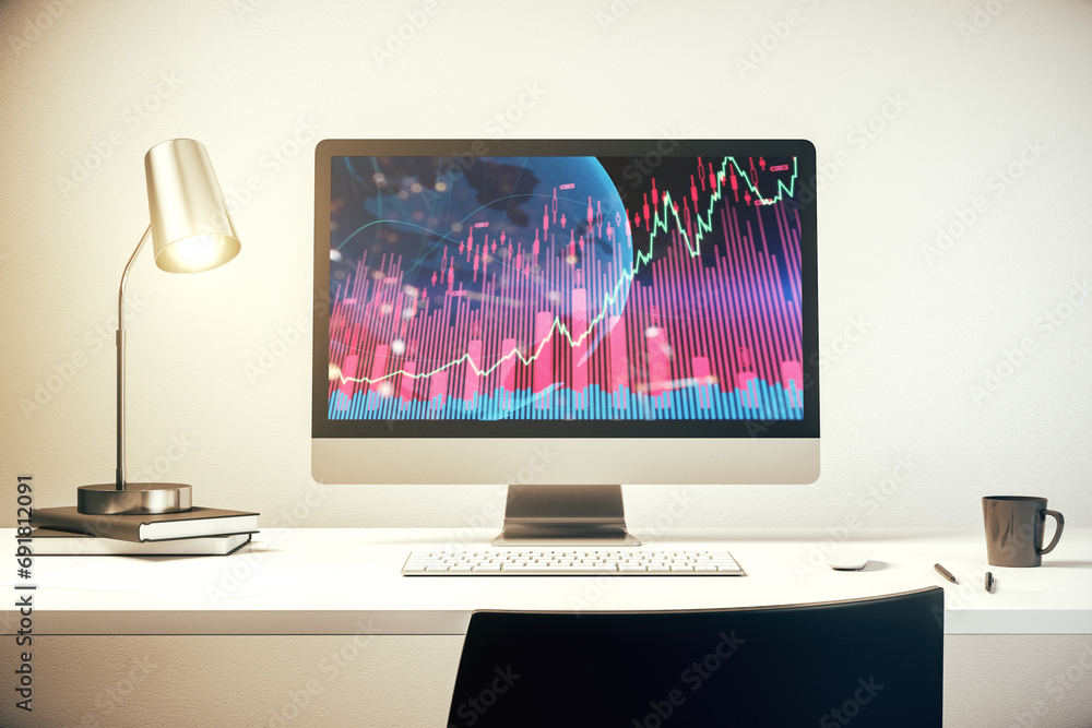 Modern computer display with abstract financial graph with world map, financial and trading concept. 3D Rendering Modern computer display with abstract financial graph with world map, financial and trading concept. 3D Rendering