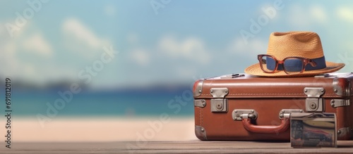Fototapeta Naklejka Na Ścianę i Meble -  Vintage suitcase, sunglasses and hat on wooden table sea and beach blur background