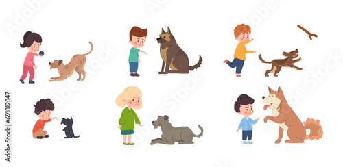 KIds training and playing with dogs set of flat vector illustration isolated.