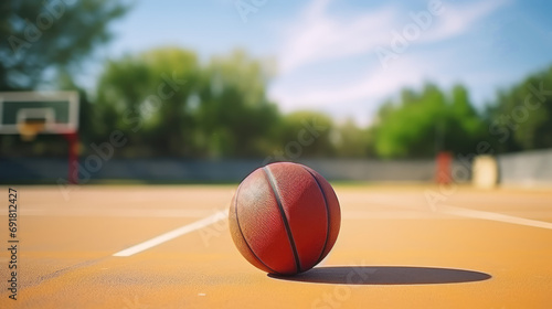 Basketball on an outdoor court bathed in sunlight, ready for a game.