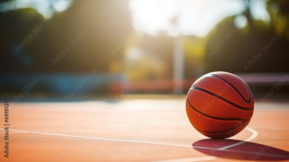 Basketball on an outdoor court bathed in sunlight, ready for a game. Basketball on an outdoor court bathed in sunlight, ready for a game.