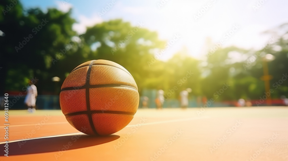 Basketball on an outdoor court bathed in sunlight, ready for a game.