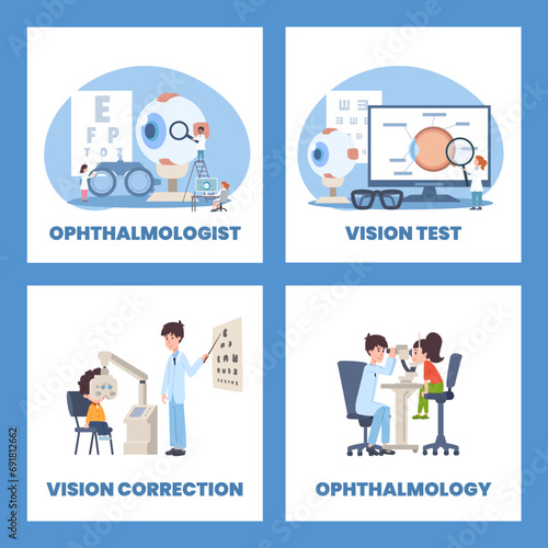 Ophthalmology clinic for kids, advertising posters set, flat vector illustration.