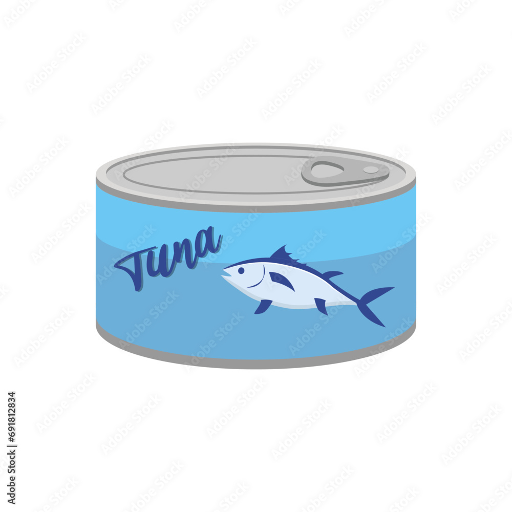 Illustration of canned tuna with sea waves and one tuna in the center