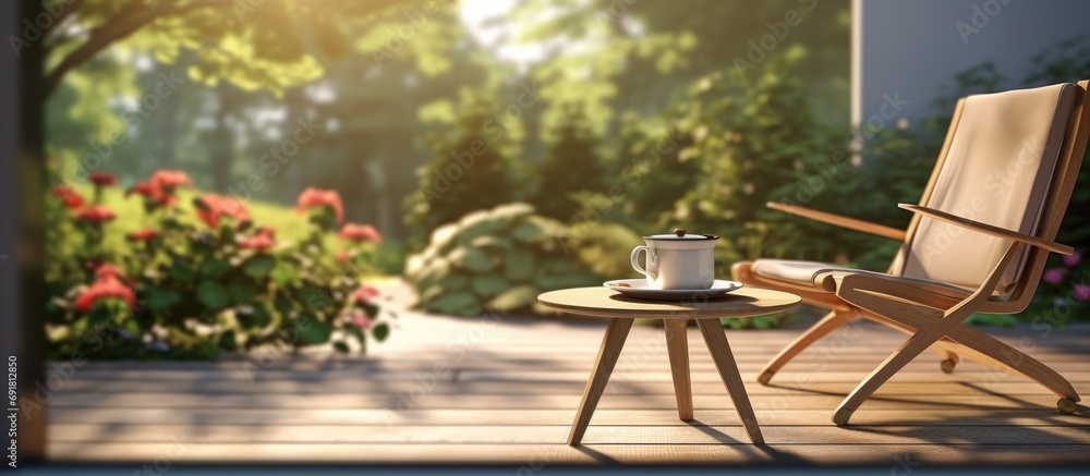 Brewing coffee while relaxing in a rocking chair on the front terrace of the house, with a backdrop of lawn and garden with sunlight