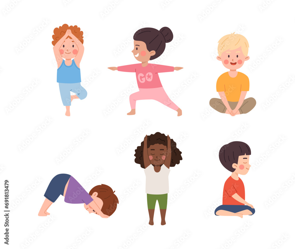 Children in yoga poses, little kids doing yoga exercise vector set illustration downward dog, butterfly, mountain poses Children in yoga poses, little kids doing yoga exercise vector set illustration downward dog, butterfly, mountain poses