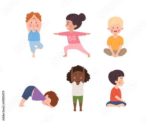 Children in yoga poses, little kids doing yoga exercise vector set illustration downward dog, butterfly, mountain poses