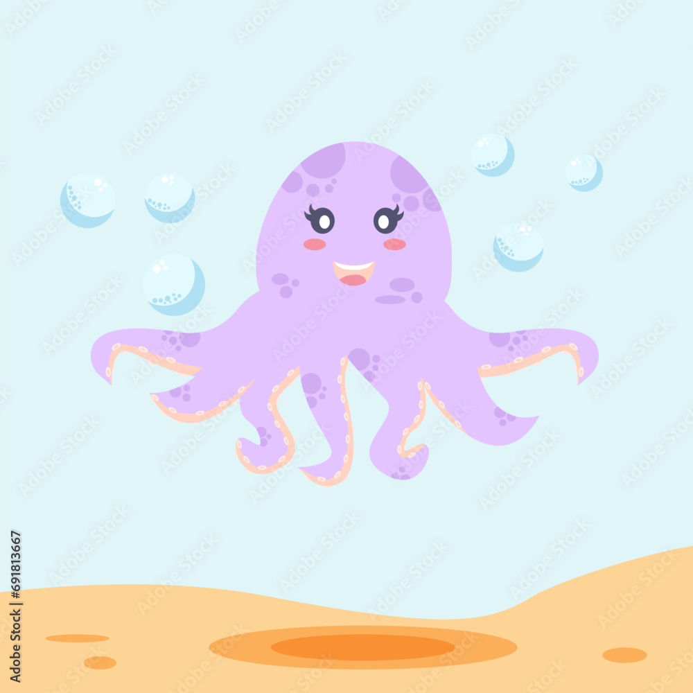 Cute smiling octopus. Funny underwater animal with eight tentacles. Childish character. Colored flat cartoon vector illustration. Cute cartoon undersea world. Cute smiling octopus. Funny underwater animal with eight tentacles. Childish character. Colored flat cartoon vector illustration. Cute cartoon undersea world.