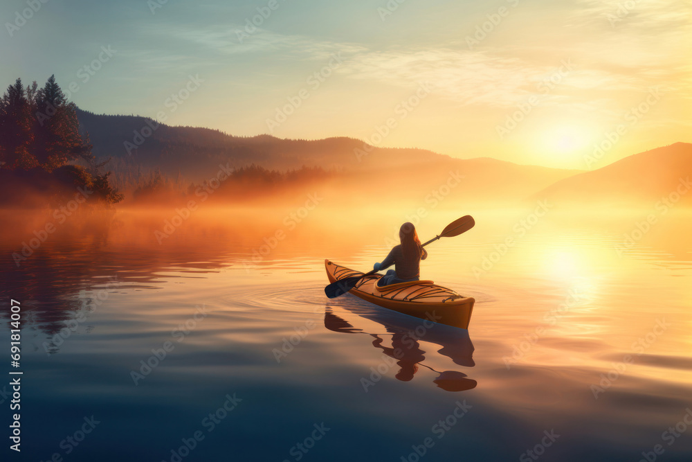 A lone woman kayaks on a tranquil lake as the sunrise spills golden light through the mist, creating a peaceful moment of connection with nature - obrazy, fototapety, plakaty 