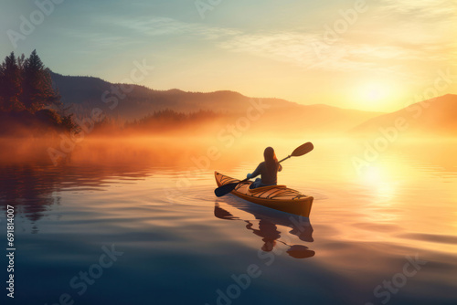 Fotografering A lone woman kayaks on a tranquil lake as the sunrise spills golden light throug
