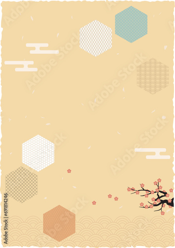 This illustration is a traditional Japanese pattern. It can be used as a background material.Japanese Pattern Keko, Yagasuri, Cloisonne, Scale, Amime, Plum, Wave Pattern, Cloud photo