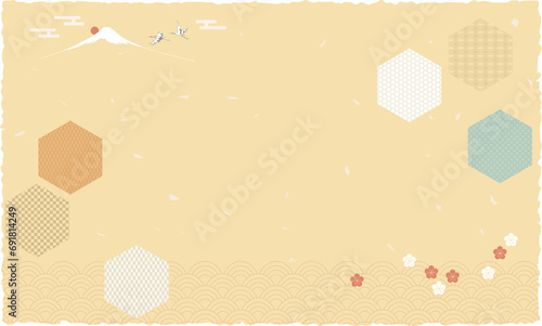 This illustration is a traditional Japanese pattern. It can be used as a background material.Japanese Pattern Kamikou, Yagasuri, Cloisonne, Scale, Amime, Crane, Fujiyama, Wave Pattern, Sunrise, Clou photo