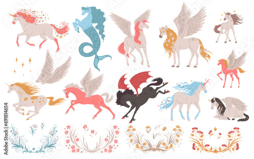 Set of fantastic horses  unicorns and pegasus  cartoon flat vector illustration isolated on white background.