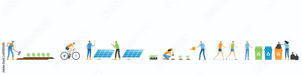 flat vector illustration group People cooperating for environmental sustainability development and protection concept. with plant a tree , recycle and Use solar energy
