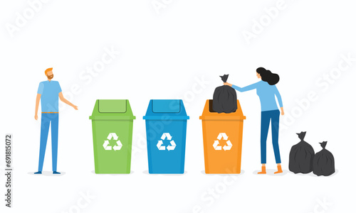 flat vector illustration throw away rubbish with rubbish bin Recycle and Recycle garbage, concept
