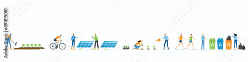 flat vector illustration group People cooperating for environmental sustainability development and protection concept. with plant a tree , recycle and Use solar energy
