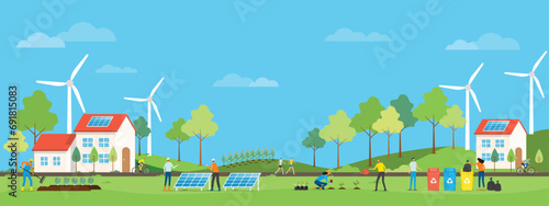 Fototapeta Naklejka Na Ścianę i Meble -  flat vector illustration People cooperating for environmental sustainability development and protection concept. with plant a tree , recycle and Use solar energy
