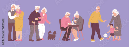 Cartoon set grandparents warm holding hands, walk the dog, sit in cafe, play with grandson in ball vector illustrations
