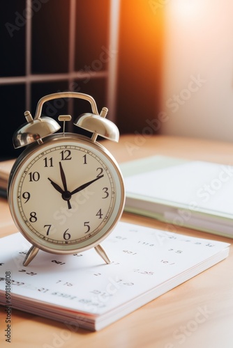 A close-up of a calendar beside an alarm clock