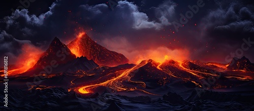 Iceland volcano eruption in GeoPark on Reykjanes peninsula, with liquid lava, night sky. photo