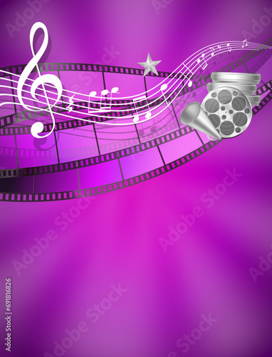 Cinema music abstract background with treble clef, musical notes, film reels, star, vector illustration