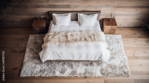 Carpet, big bed, minimalist real estate photography, high angle, rustic interior design, wooden floor, snowy