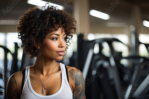 african woman, really short curly hair, tattoos, in gym, working with the bar, natural light