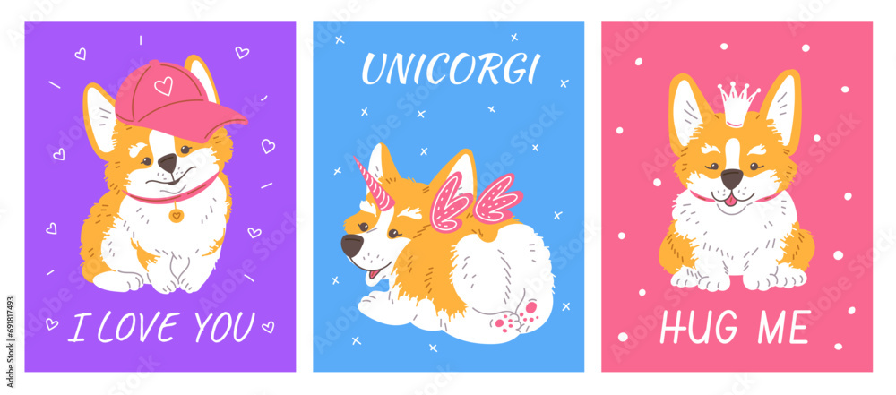 Cartoon posters vector set with Corgi dog with horn, wings, crown, baseball cap, Lovely childish design with lettering Cartoon posters vector set with Corgi dog with horn, wings, crown, baseball cap, Lovely childish design with lettering