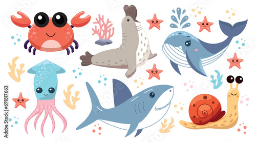 Cute sea animals, set of illustrations with aquatic inhabitants of the ocean, crab and elephant seal, blue whale and squid, shark and snail