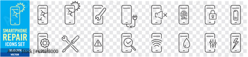 Smartphone, Repair, Broken, Repair Center, Editable stroke Linear icon collection Vector illustration photo