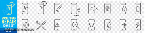 Smartphone, Repair, Broken, Repair Center, Editable stroke Linear icon collection Vector illustration