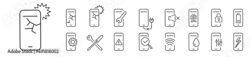 Smartphone, Repair, Broken, Repair Center, Editable stroke Linear icon collection Vector illustration